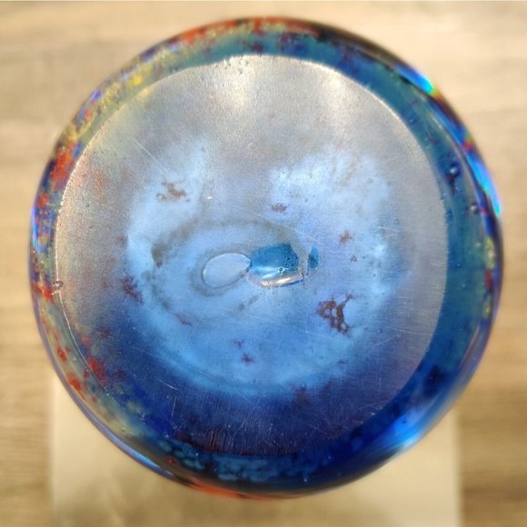 Vtg Murano? Cylinder Art Glass Ocean Fishes Vase Decor Cobalt Blue Rim 7x4" - Picture 7 of 10